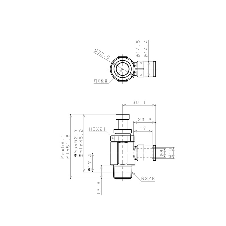 Bản vẽ kỹ thuật Van Tiết Lưu Khí Nén Bằng Đồng Mạ Niken Pisco KJSC8-03B