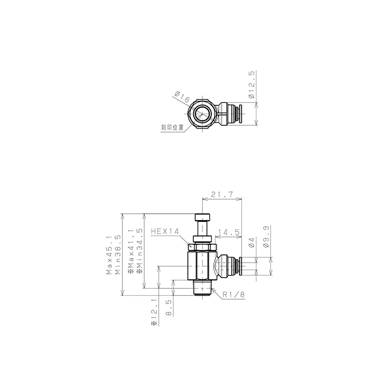 Bản vẽ kỹ thuật Van Tiết Lưu Khí Nén Bằng Đồng Mạ Niken Pisco KJSC4-01A-1