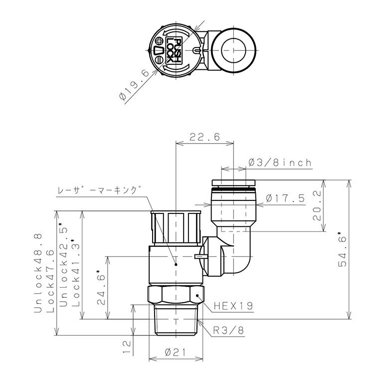 Bản vẽ kỹ thuật Van Tiết Lưu Khí Nén Loại Khóa Đẩy Có Hiển Thị Chỉ Số Pisco JSGS3/8-03AW