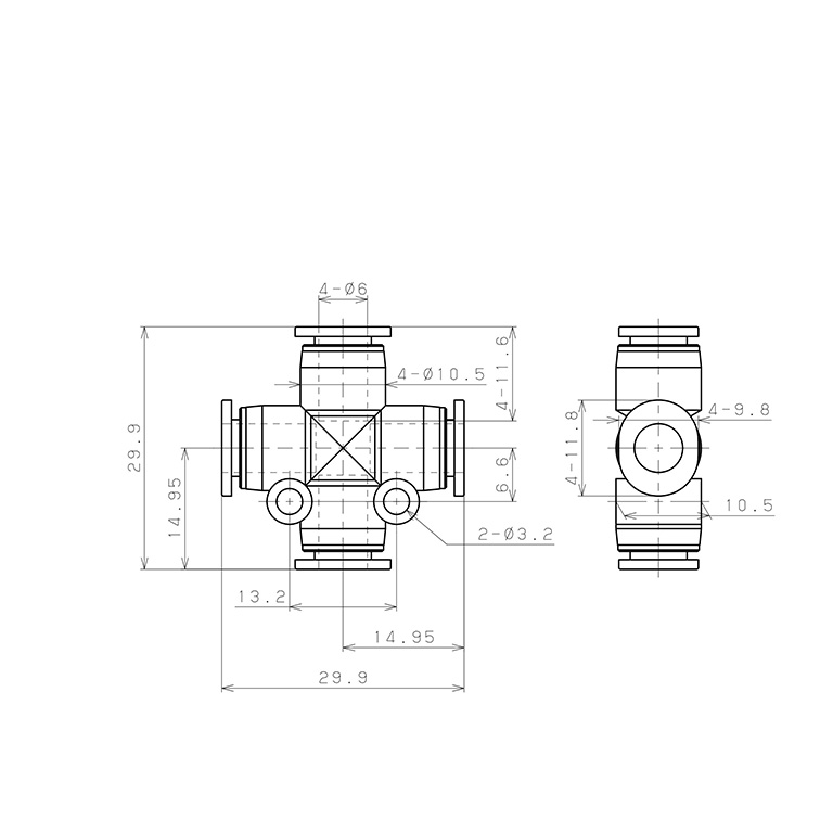 Bản vẽ kỹ thuật Đầu Nối Nhanh Khí Nén Ngã 4 Pisco PZA6MW-C