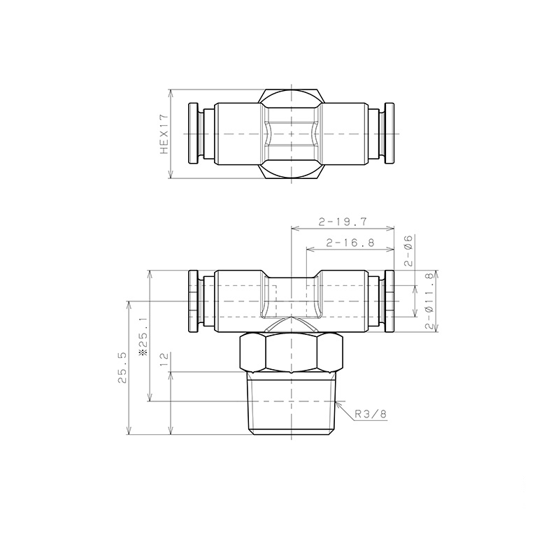 Bản vẽ kỹ thuật Đầu Nối Nhanh Khí Nén Dạng Chữ T Ren Ngoài Pisco SSPB6-03-TP-C
