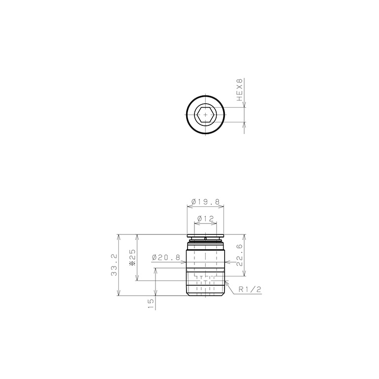 Bản vẽ kỹ thuật Đầu Nối Nhanh Khí Nén Dạng Thẳng Ren Ngoài Pisco KOC12-04-1-F