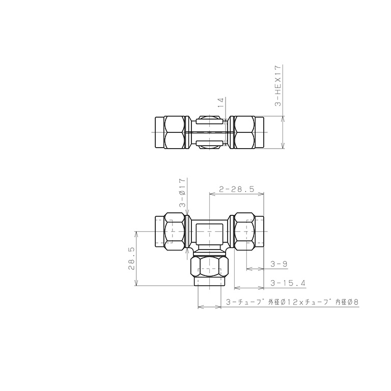 Bản vẽ kỹ thuật Đầu Ngạnh Nối Ống Có Đai Ốc Xiết Dạng Chữ T Pisco NKE1280