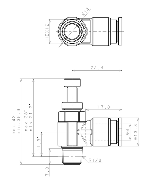 Bản vẽ kỹ thuật Van Tiết Lưu Khí Nén Chân Kim, Inox 316 Pisco SSJNC8-01