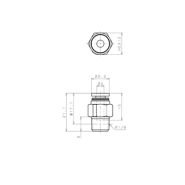 Bản vẽ kỹ thuật Đầu Nối Nhanh Khí Nén Dạng Thẳng Thân Lục Giác Ren Ngoài Pisco PPC4-01-UC
