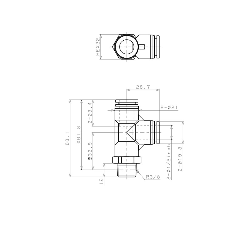Bản vẽ kỹ thuật Đầu Nối Nhanh Khí Nén Dạng Chữ T Ren Ngoài Pisco PPD1/2-03-HN