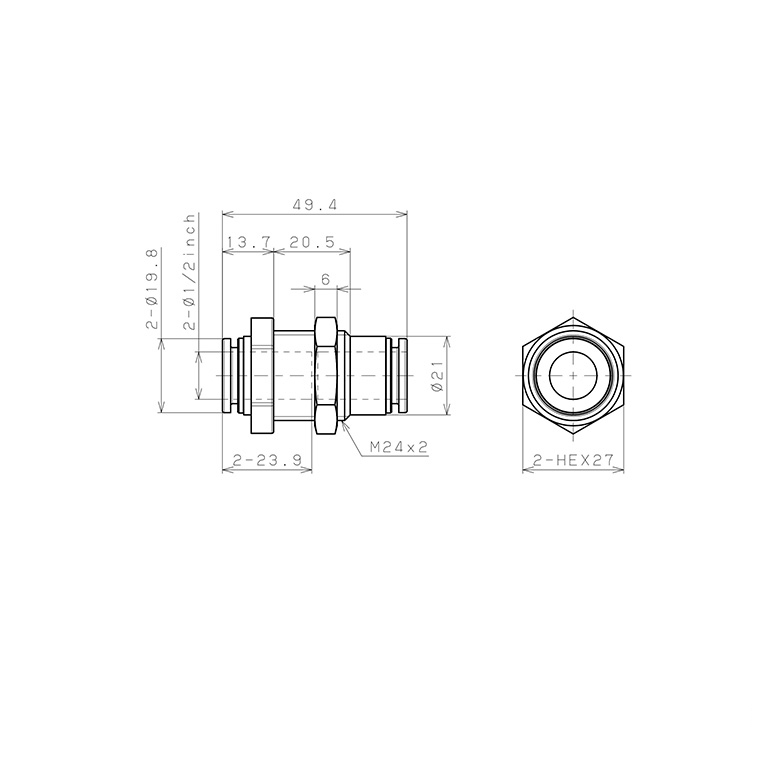 Bản vẽ kỹ thuật Đầu Nối Nhanh Khí Nén Dạng Thẳng Ren Ngoài Lắp Kẹp Vách Pisco PPMP1/2-F