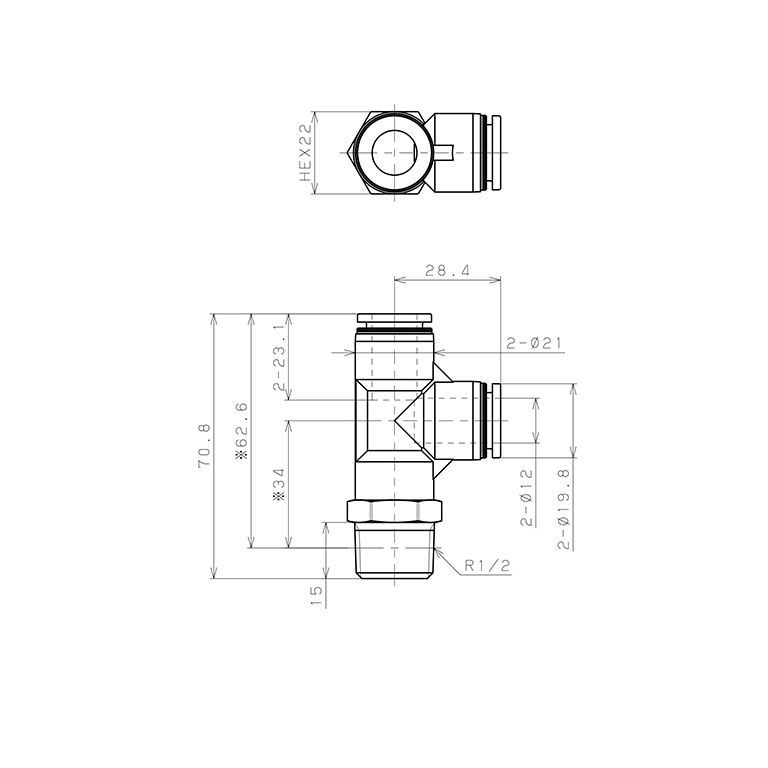 Bản vẽ kỹ thuật Đầu Nối Nhanh Khí Nén Dạng Chữ T Ren Ngoài Pisco PPD12-04-TP