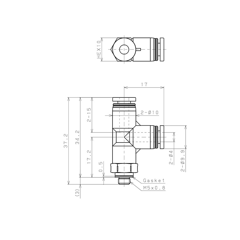 Bản vẽ kỹ thuật Đầu Nối Nhanh Khí Nén Dạng Chữ T Ren Ngoài Pisco PPD4-M5SUS-HN