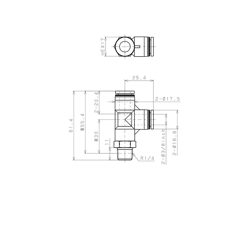Bản vẽ kỹ thuật Đầu Nối Nhanh Khí Nén Dạng Chữ T Ren Ngoài Pisco PPD3/8-02SUS