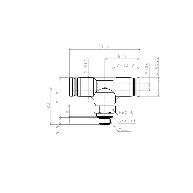 Bản vẽ kỹ thuật Đầu Nối Nhanh Khí Nén Dạng Chữ T Ren Ngoài Pisco PB4-M6-C