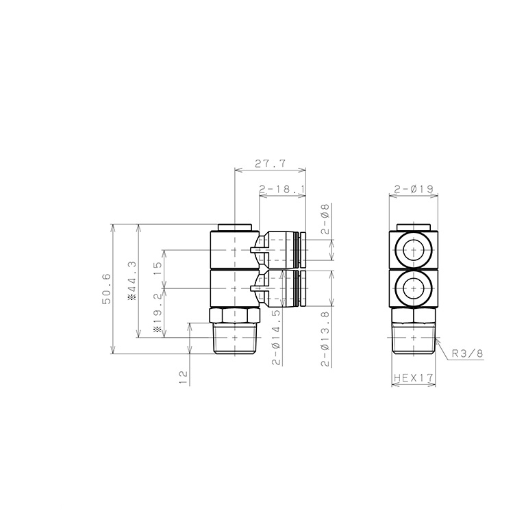 Bản vẽ kỹ thuật Đầu Nối Nhanh Khí Nén Hai Nhánh Cong 90° Thân Lục Giác Trụ Ren Ngoài Pisco PHW8-03
