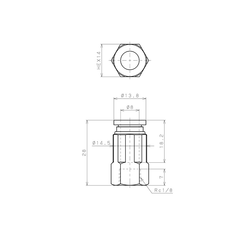 Bản vẽ kỹ thuật Đầu Nối Nhanh Khí Nén Dạng Thẳng Ren Trong Pisco SPCF8-01-UC