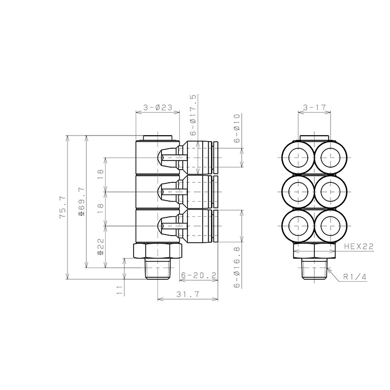 Bản vẽ kỹ thuật Đầu Nối Nhanh Khí Nén Sáu Nhánh Cong 90° Thân Lục Giác Trụ Ren Ngoài Pisco SPAT10-02