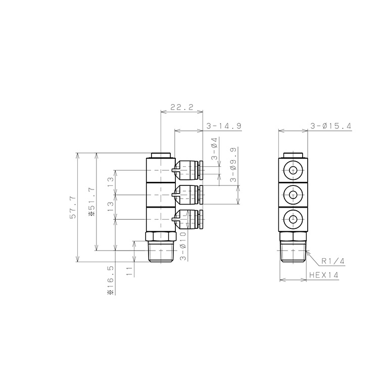 Bản vẽ kỹ thuật Đầu Nối Nhanh Khí Nén Ba Nhánh Cong 90° Thân Lục Giác Trụ Ren Ngoài Pisco SPHT4-02