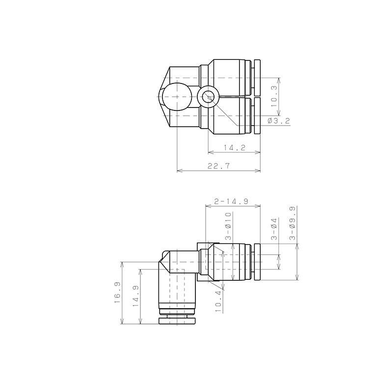 Bản vẽ kỹ thuật Đầu Nối Nhanh Khí Nén Ba Ngã Cong 90° Pisco SPAU4