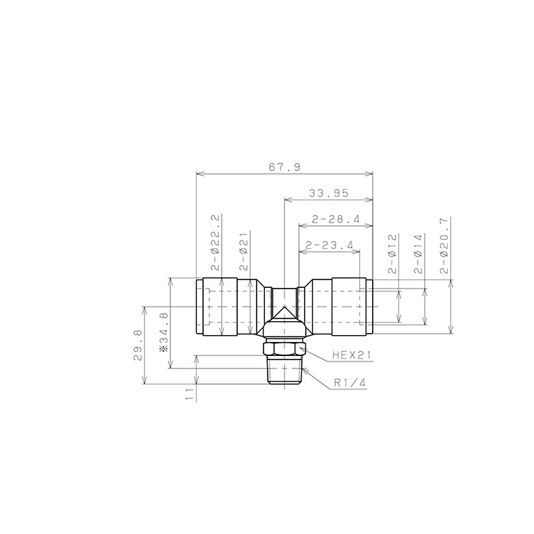 Bản vẽ kỹ thuật Đầu Nối Nhanh Khí Nén Dạng Chữ T Ren Ngoài Pisco PB12-02V-0