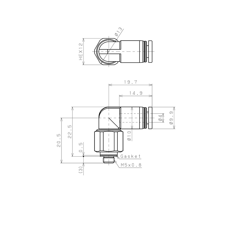 Bản vẽ kỹ thuật Đầu Nối Nhanh Khí Nén Dạng Cong 90° Ren Ngoài Có Khớp Xoay Pisco RL4-M5