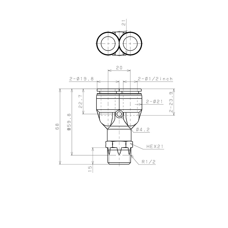 Bản vẽ kỹ thuật Đầu Nối Nhanh Khí Nén Dạng Chữ Y Ren Ngoài Pisco PPX1/2-04SUS