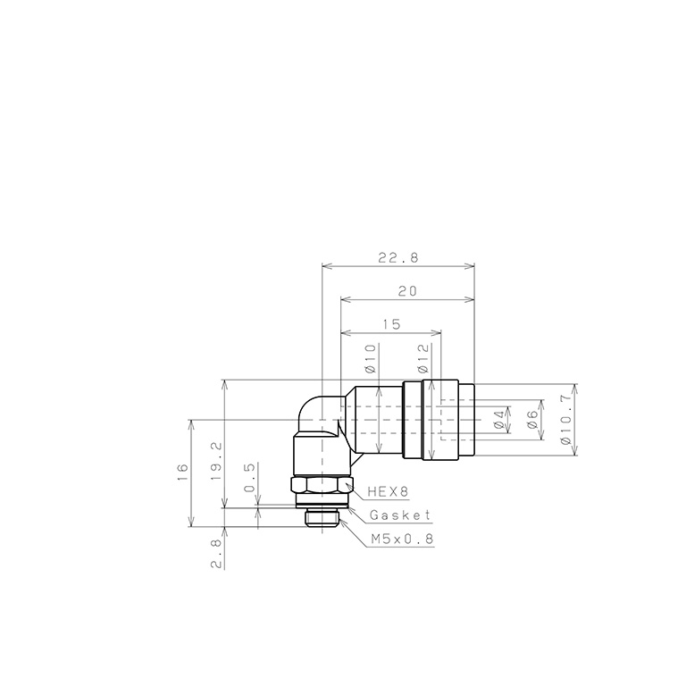 Bản vẽ kỹ thuật Đầu Nối Nhanh Khí Nén Dạng Cong 90° Ren Ngoài Pisco PL4-M5V-0