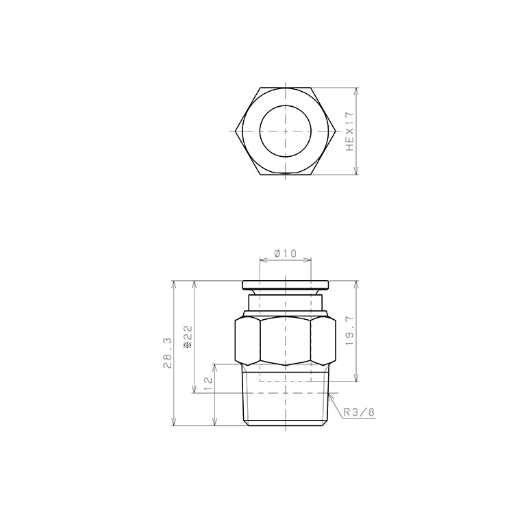 Bản vẽ kỹ thuật Đầu Nối Nhanh Khí Nén Dạng Thẳng Thân Lục Giác Ren Ngoài Pisco SSPC10-03-X