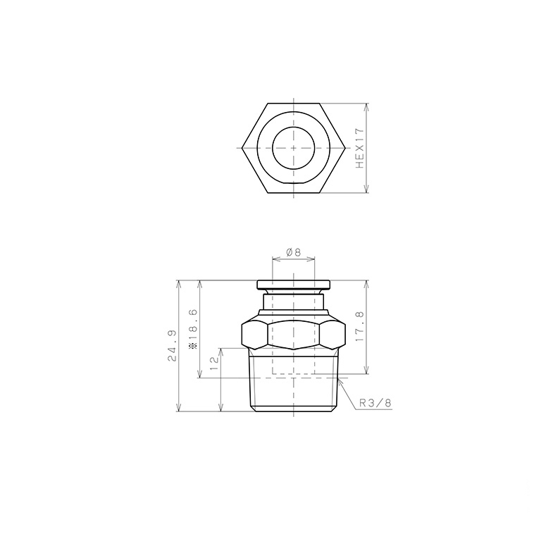 Bản vẽ kỹ thuật Đầu Nối Nhanh Khí Nén Dạng Thẳng Thân Lục Giác Ren Ngoài Pisco SSPC8-03-TP