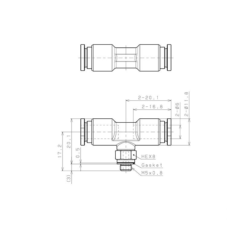 Bản vẽ kỹ thuật Đầu Nối Nhanh Khí Nén Dạng Chữ T Ren Ngoài Pisco SSPB6-M5-X