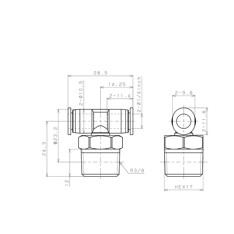 Bản vẽ kỹ thuật Đầu Nối Nhanh Khí Nén Dạng Chữ T Ren Ngoài Pisco PB1/4-03M