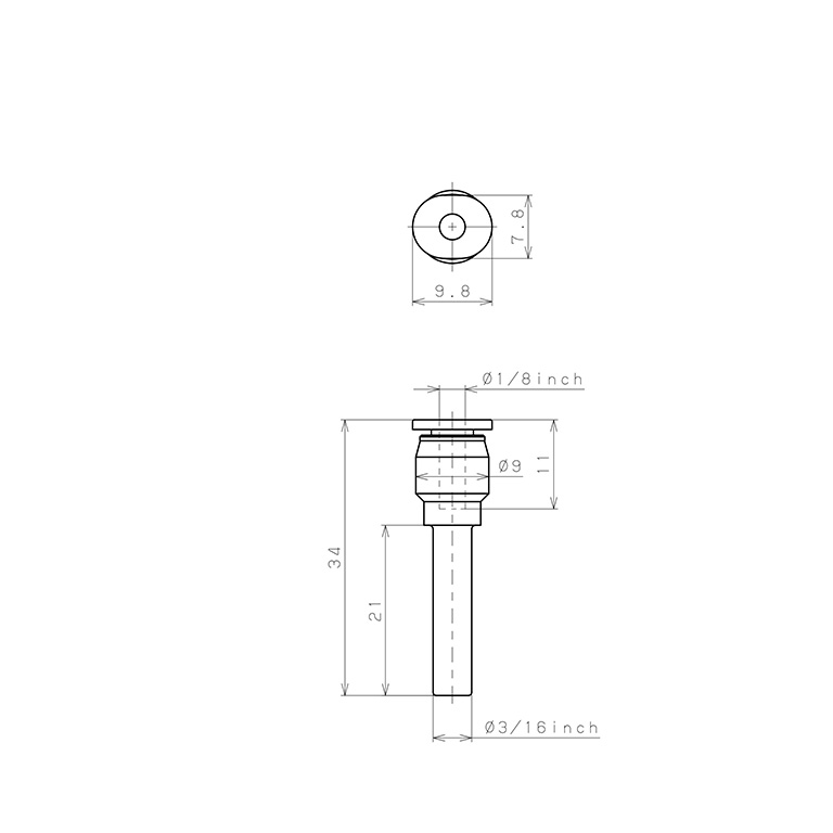 Bản vẽ kỹ thuật Đầu Nối Nhanh Khí Nén Giữa Ống Khí Và Fitting Dạng Nối Giảm Pisco PGJ3/16-1/8M