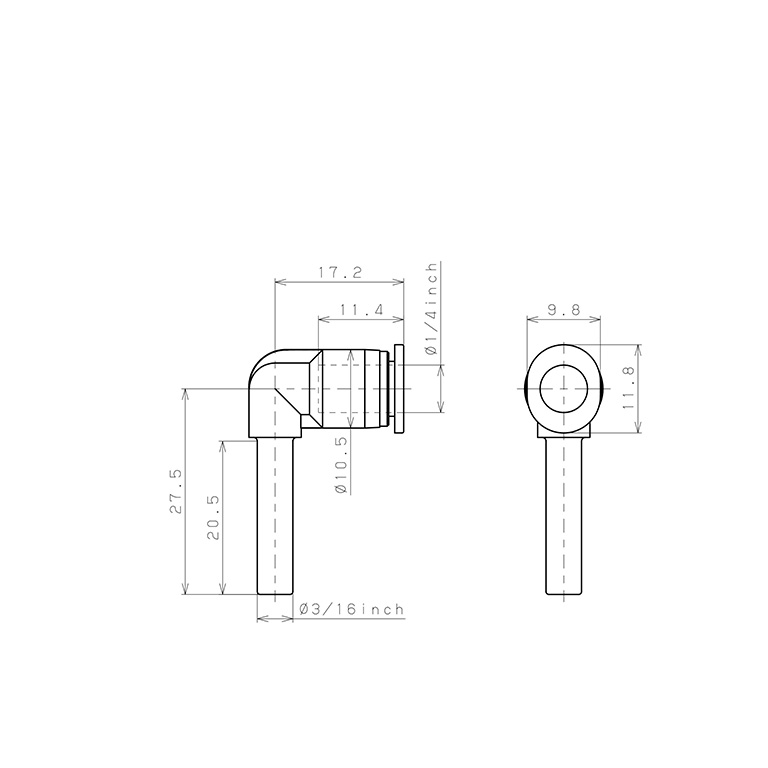 Bản vẽ kỹ thuật Đầu Nối Nhanh Khí Nén Giữa Ống Khí Và Fitting Dạng Nối Giảm Cong 90° Pisco PLGJ3/16-1/4M