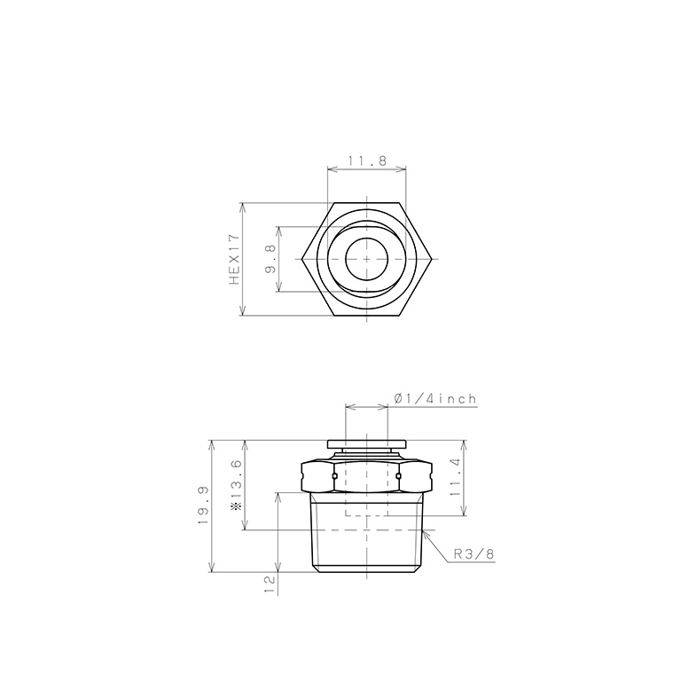 Bản vẽ kỹ thuật Đầu Nối Nhanh Khí Nén Dạng Thẳng Thân Lục Giác Ren Ngoài Pisco PC1/4-03M-C