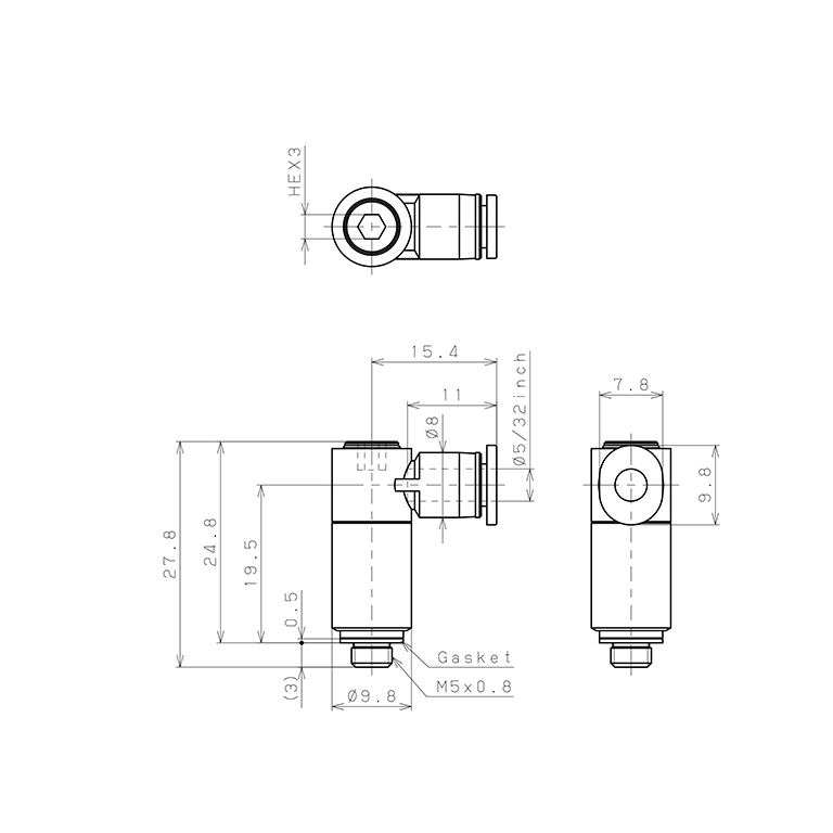 Bản vẽ kỹ thuật Đầu Nối Nhanh Khí Nén Dạng Cong 90° (Dài) Đầu Lục Giác Chìm Ren Ngoài Pisco POLL5/32-M5M