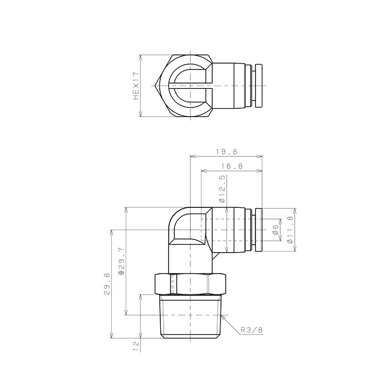 Bản vẽ kỹ thuật Đầu Nối Nhanh Khí Nén Dạng Cong 90° Ren Ngoài Pisco SPPL6-03