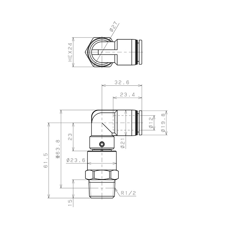 Bản vẽ kỹ thuật Đầu Nối Nhanh Khí Nén Dạng Cong 90° Ren Ngoài Có Khớp Xoay Tốc Độ Cao Pisco RHL12-04
