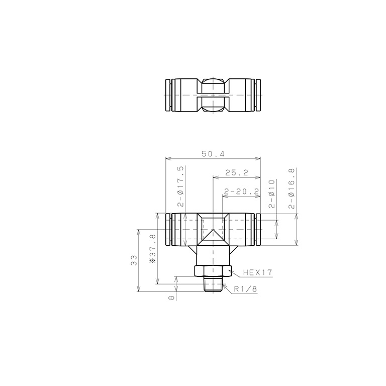 Bản vẽ kỹ thuật Đầu Nối Nhanh Khí Nén Dạng Chữ T Ren Ngoài Pisco SPB10-01