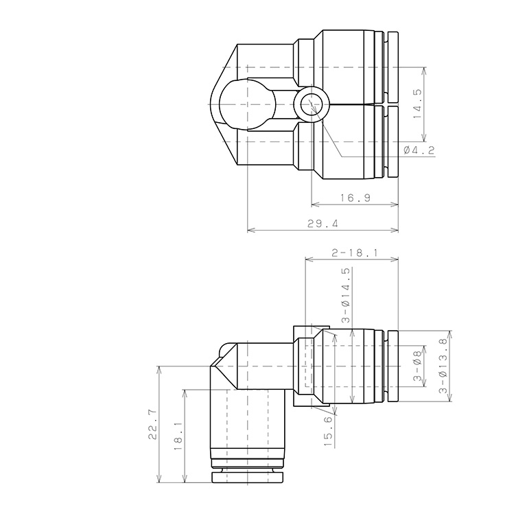 Bản vẽ kỹ thuật Đầu Nối Nhanh Khí Nén Ba Ngã Cong 90° Pisco SPAU8