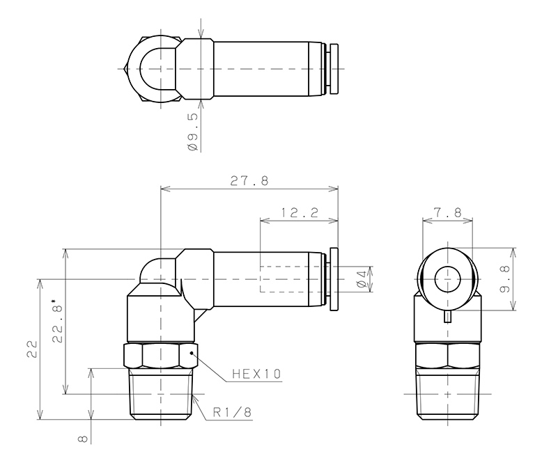 Bản vẽ kỹ thuật Đầu Nối Nhanh Khí Nén Dạng Cong 90° Ren Ngoài Có Van Tự Ngắt Pisco PSL4-01M