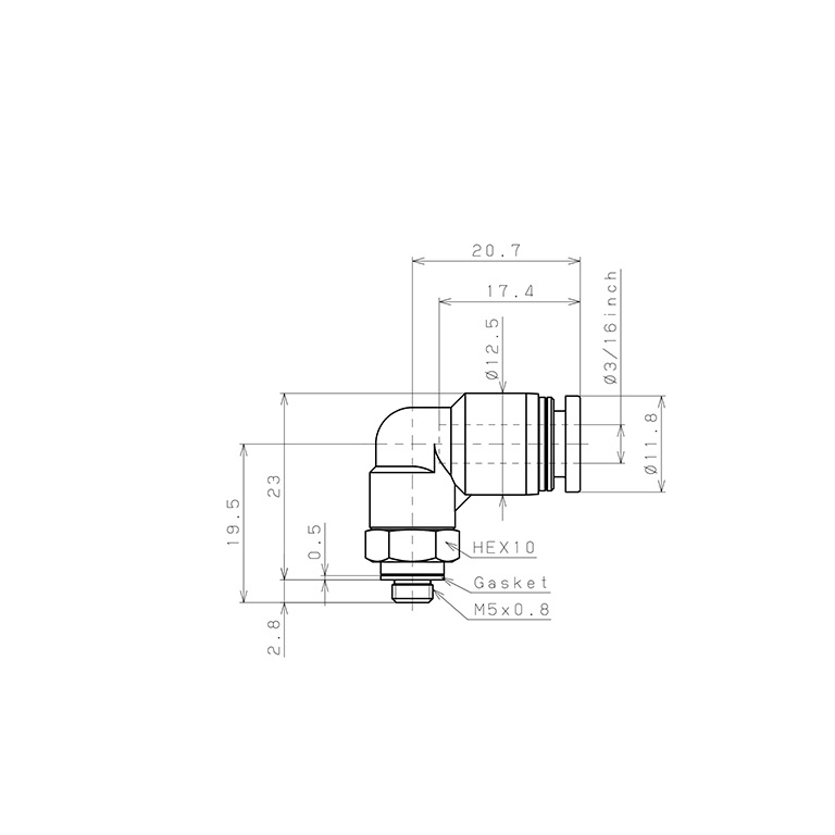 Bản vẽ kỹ thuật Đầu Nối Nhanh Khí Nén Dạng Cong 90° Ren Ngoài Pisco PL3/16-M5