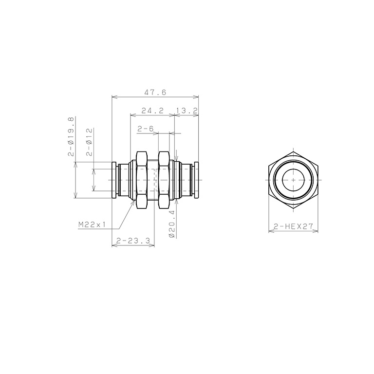 Bản vẽ kỹ thuật Đầu Nối Nhanh Khí Nén Dạng Thẳng Ren Ngoài Lắp Kẹp Vách Pisco PM12W-C