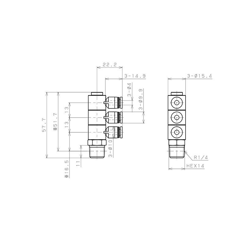 Bản vẽ kỹ thuật Đầu Nối Nhanh Khí Nén Ba Nhánh Cong 90° Thân Lục Giác Trụ Ren Ngoài Pisco PHT4-02-C