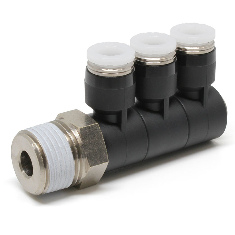 Đầu Nối Nhanh Khí Nén Ba Nhánh Cong 90° Thân Lục Giác Trụ Ren Ngoài Pisco PHT1/4-03