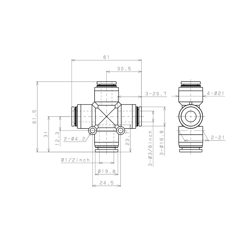 Bản vẽ kỹ thuật Đầu Nối Nhanh Khí Nén Ngã 4 Dạng Nối Giảm Pisco PZC1/2-3/8