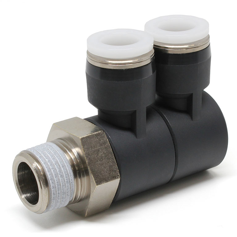 Đầu Nối Nhanh Khí Nén Hai Nhánh Cong 90° Thân Lục Giác Trụ Ren Ngoài Pisco PHW1/2-N3U