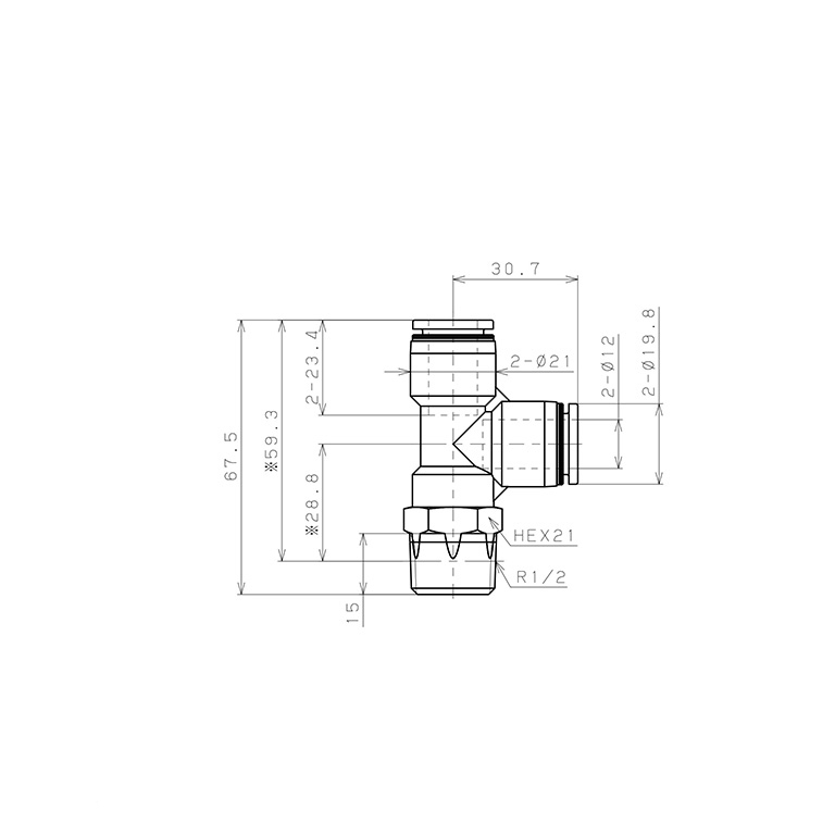 Bản vẽ kỹ thuật Đầu Nối Nhanh Khí Nén Dạng Chữ T Ren Ngoài Pisco PD12-04-UC