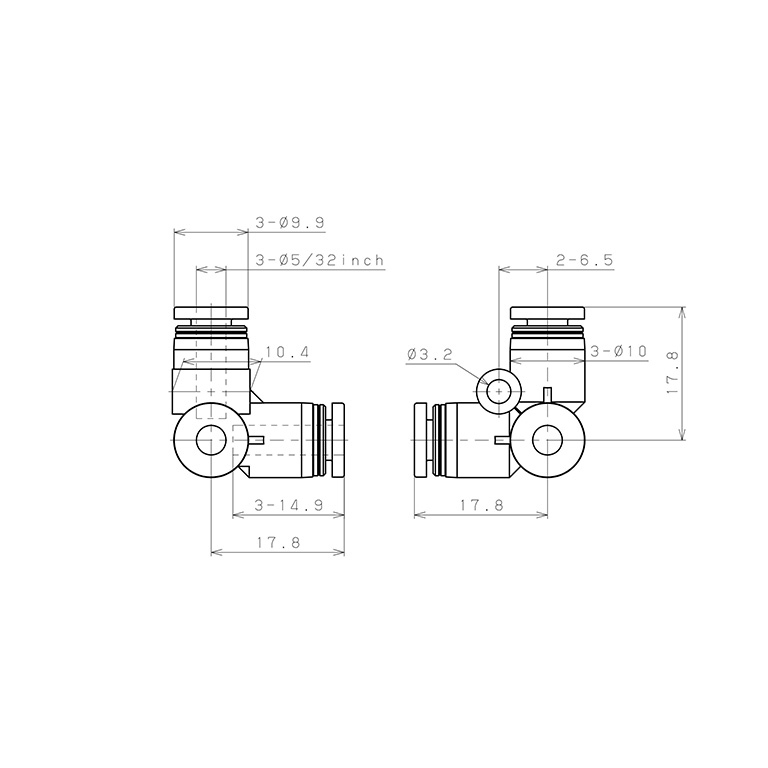 Bản vẽ kỹ thuật Đầu Nối Nhanh Khí Nén Chạc Ba 90° Pisco PVU5/32