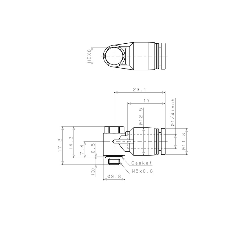 Bản vẽ kỹ thuật Đầu Nối Nhanh Khí Nén Cong 90° Đầu Lục Giác Trụ Ren Ngoài Pisco PH1/4-M5