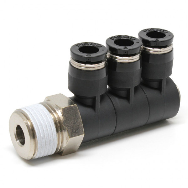Đầu Nối Nhanh Khí Nén Ba Nhánh Cong 90° Thân Lục Giác Trụ Ren Ngoài Pisco PHT6-03W-C