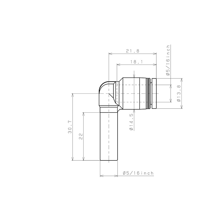 Bản vẽ kỹ thuật Đầu Nối Nhanh Khí Nén Giữa Ống Khí Và Fitting Dạng Cong 90° Pisco PLJ5/16