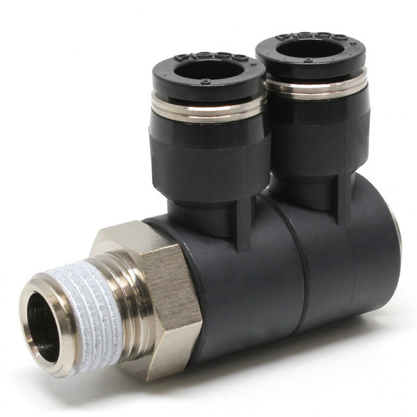 Đầu Nối Nhanh Khí Nén Hai Nhánh Cong 90° Thân Lục Giác Trụ Ren Ngoài Pisco PHW8-02-UC