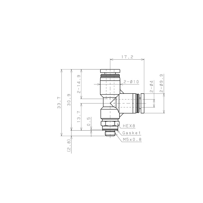 Bản vẽ kỹ thuật Đầu Nối Nhanh Khí Nén Dạng Chữ T Ren Ngoài Pisco PD4-M5W